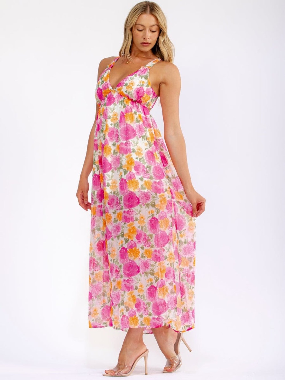 Promesa Floral Pink and Orange Maxi Sundress